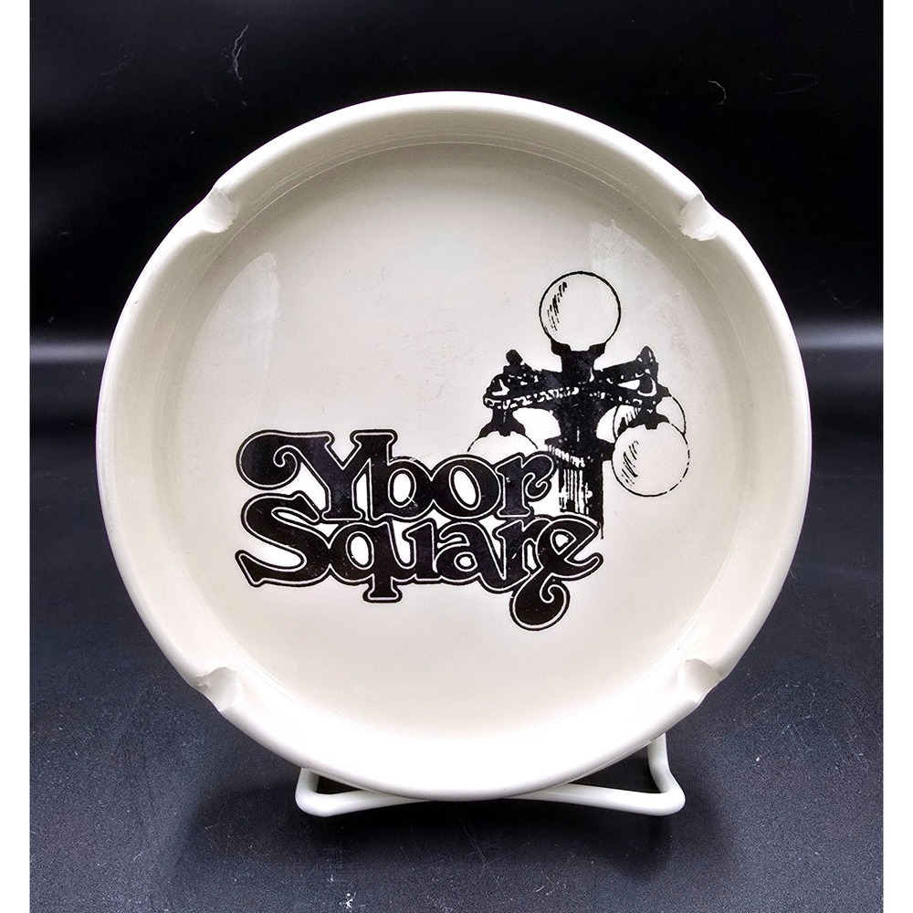 Ybor Square Tampa Fla Souvenir Ashtray White Ceramic Blk Graphic‎ Muggs N Stuffe